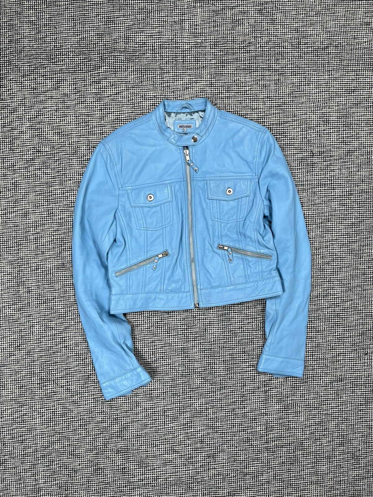 Leather Sky blue cropped genuine leather moto jacket avant garde Size L / US 10 / IT 46 - 2 Thumbnail