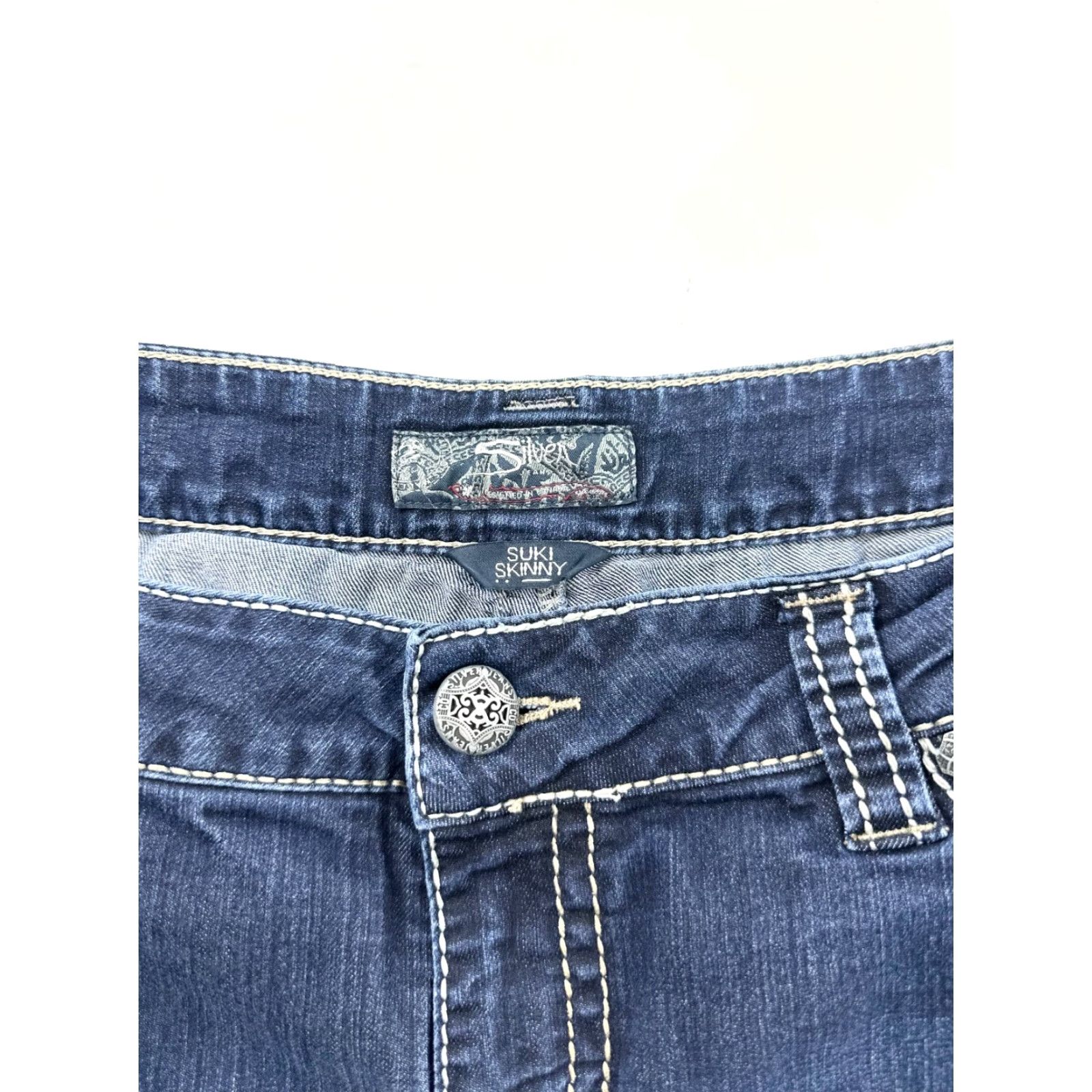 Silver Jeans Co. Silver Jeans Women 22x31 Blue Denim Thick Stitch Western Glove Works Suki Skinny Jeans Size 40" / US 18 - 3 Thumbnail