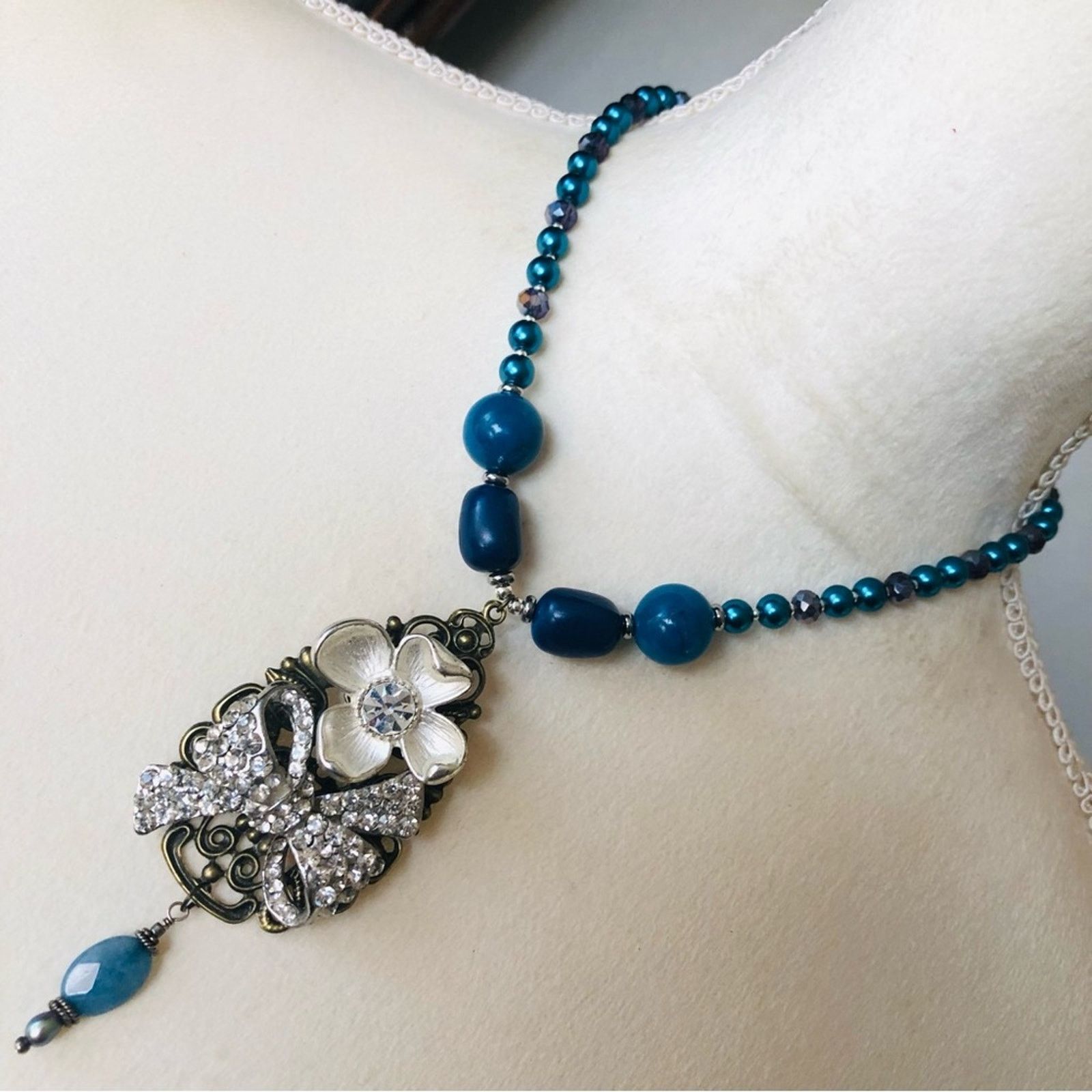 Handmade Handcrafted repurpose filigree stone Pearl necklace Size ONE SIZE - 1 Thumbnail