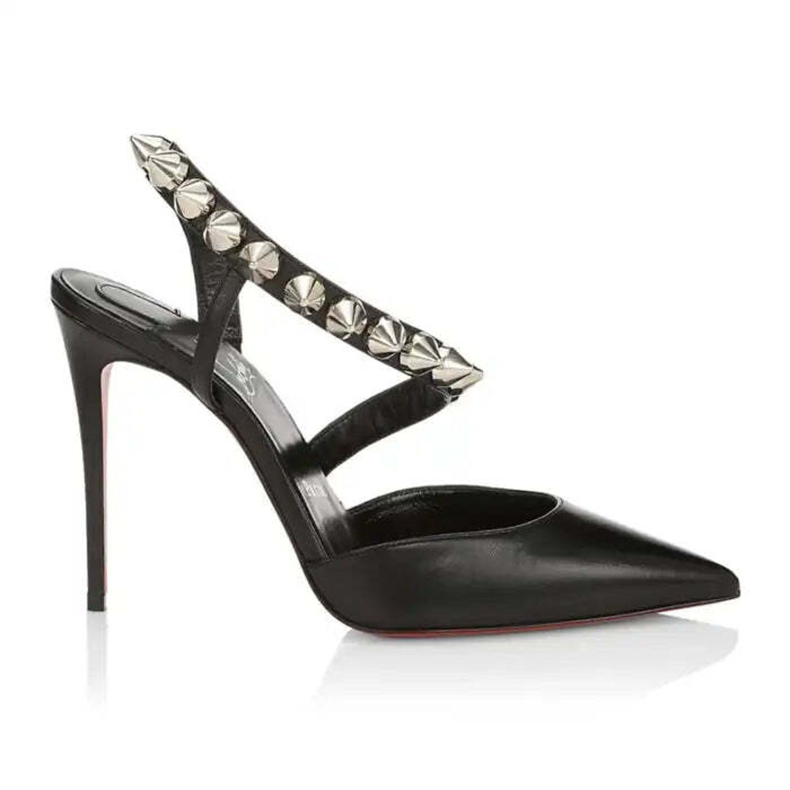 Christian Louboutin Spikita Pump 100 Black Silver Spike Strappy Sandal Heel 39 Size US 9 / IT 39 - 3 Thumbnail