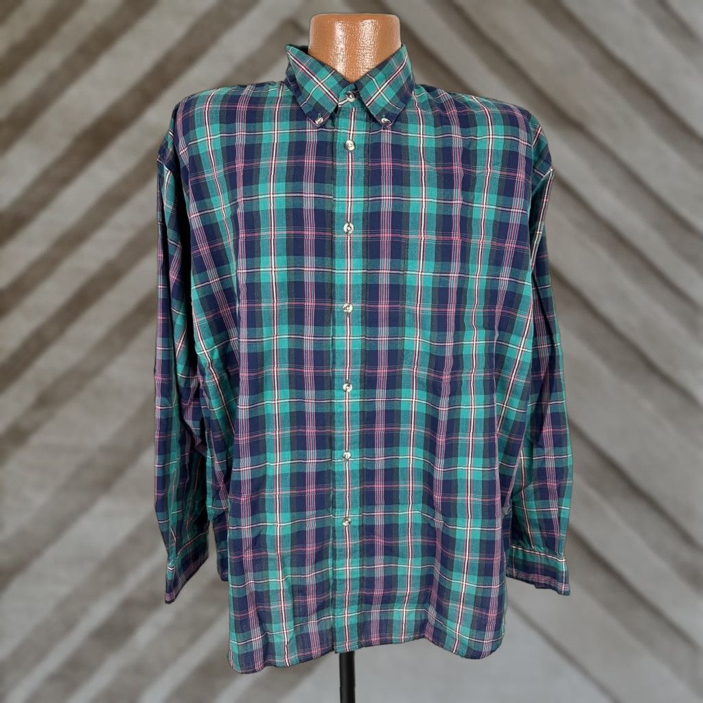 Eddie Bauer VINTAGE Eddie Bauer Marin Poplin Shirt Men XL Casual Plaid Button-Down Teal Green 90s Size US XL / EU 56 / 4 - 1 Thumbnail
