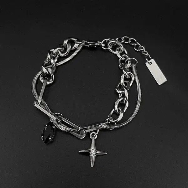 Jewelry Silver Chain Bracelet with Cross and Black Gem Charms Size ONE SIZE - 4 Thumbnail