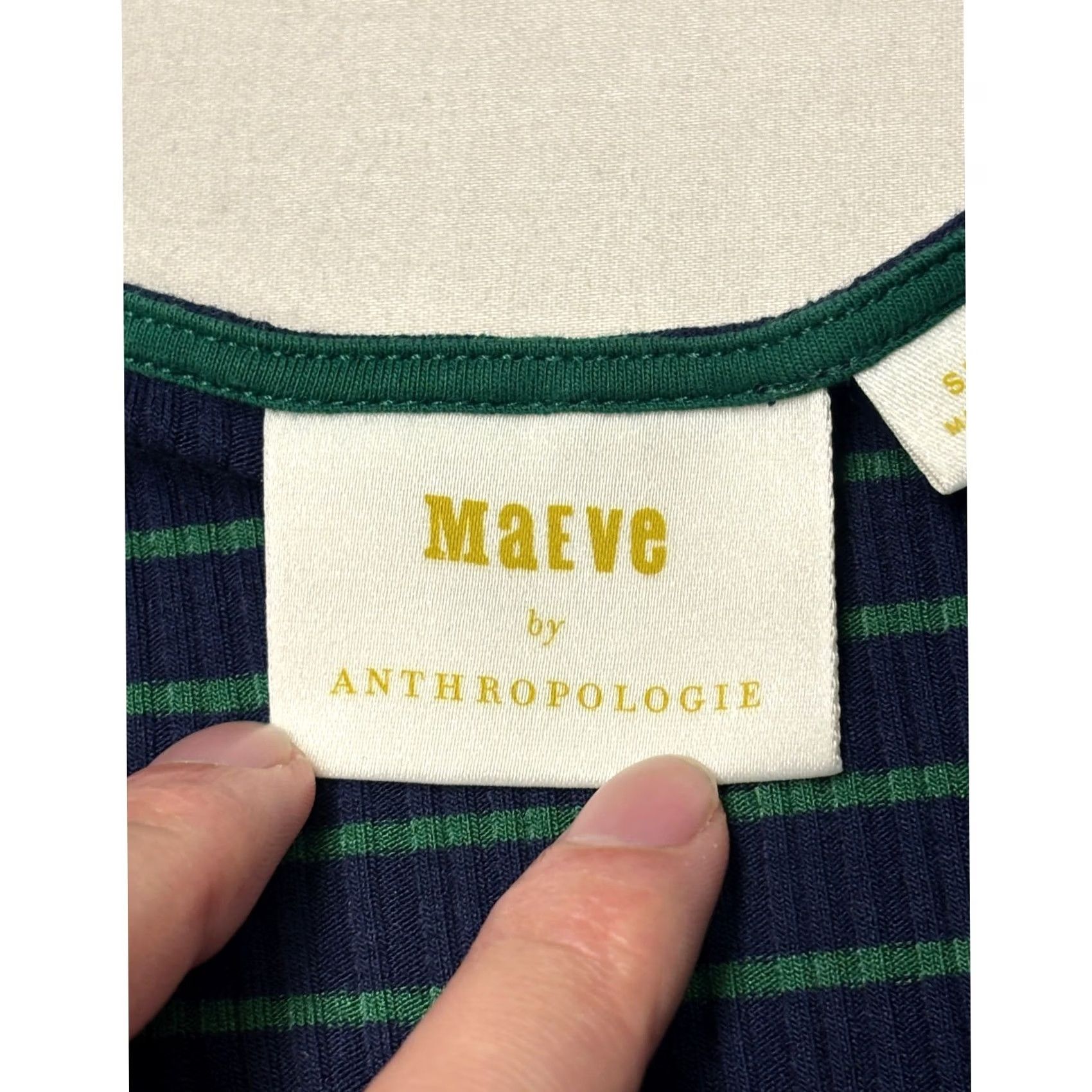 Anthropologie Maeve Anthropologie Midi Dress Womens S Navy Green Striped Ribbed Knit V-Neck Size S / US 4 / IT 40 - 2 Thumbnail