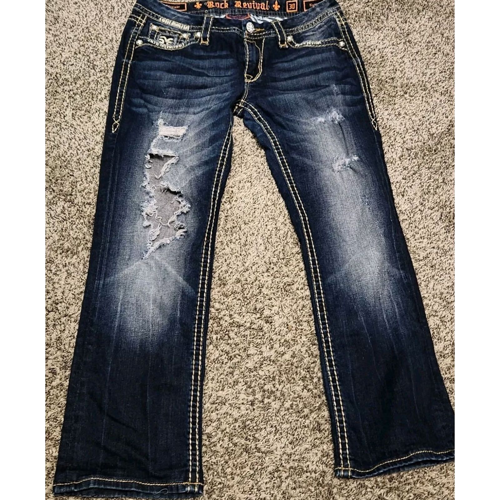 Vintage Rock Revival Karla Skinny Jeans 30 Dark Wash Blue Denim Rhinestone Studded Embroidered Pockets Women jeans Slim Size 30" / US 8 / IT 44 - 2 Thumbnail