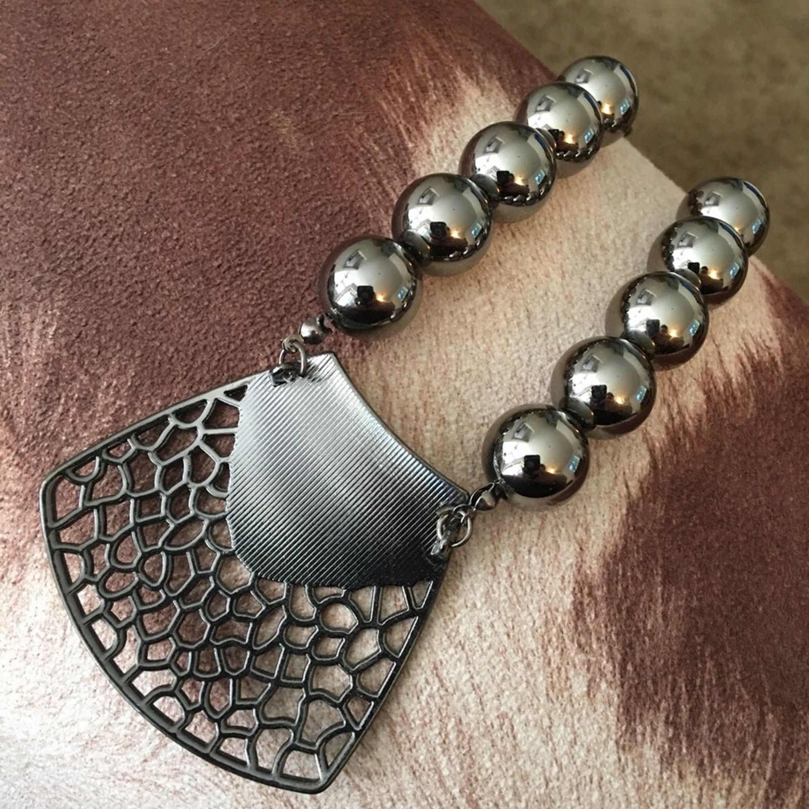 Jewelry Bold chrome tone large pendant beaded necklace Size ONE SIZE - 7 Thumbnail
