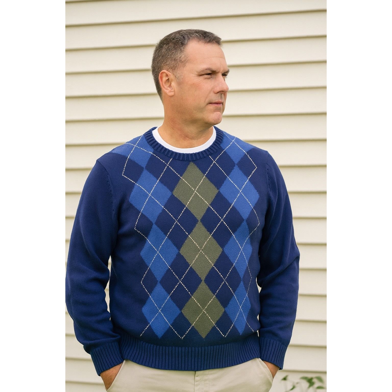 Lands' End Land’s End Men’s Navy Blue Argyle Crewneck Cotton Sweater XX Size US XXL / EU 58 / 5 - 1 Thumbnail