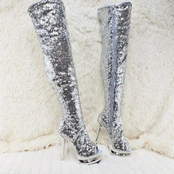 Blondie 3011 Silver Sequin Slouchy High Heel Platform Thigh
