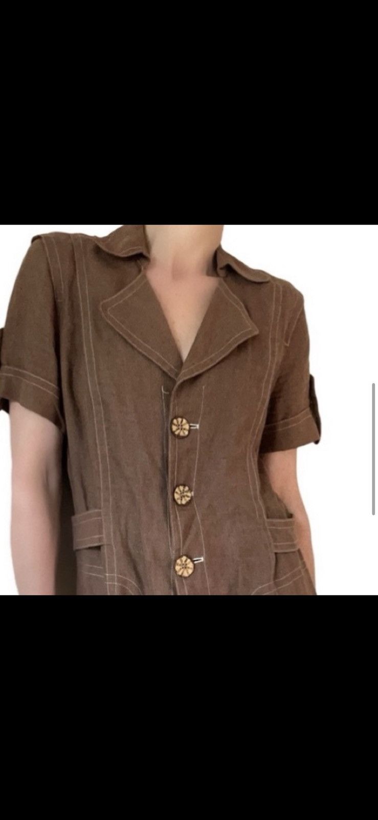 Vintage Vtg Francesca Mammoliti Brown Linen Button Down Pocket Dress Size L / US 10 / IT 46 - 6 Thumbnail