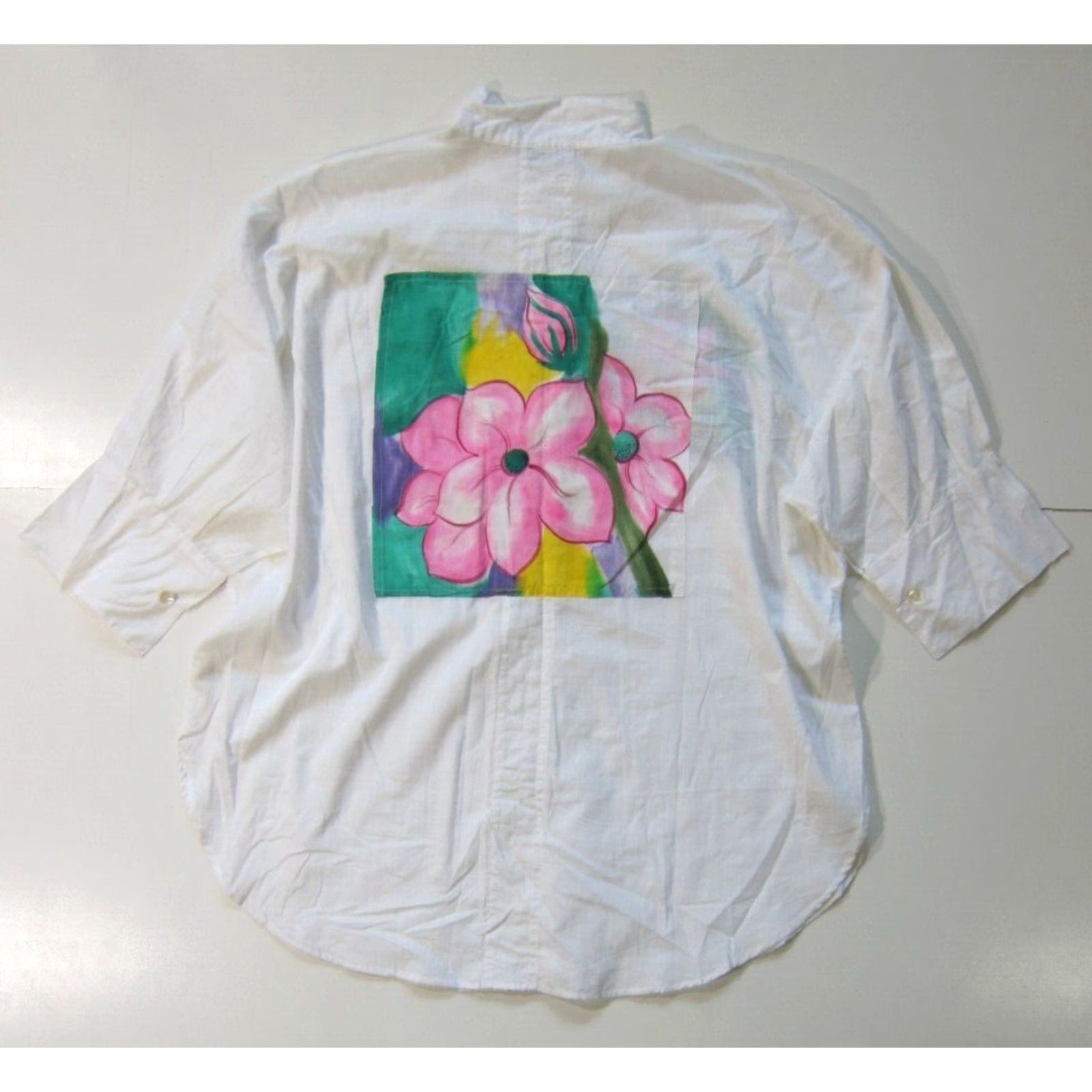 Vintage Vintage Dilemma Art Cotton White Hand Painted Floral Button Down Blouse L-XL - Women Shirt Size L / US 10 / IT 46 - 2 Thumbnail