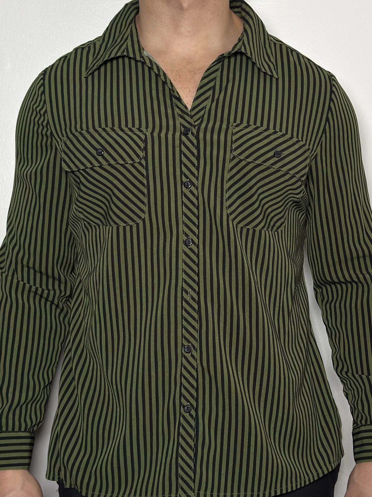 Other Studio Works Olive Green & Black Vertical Stripe Button-Up Size US S / EU 44-46 / 1 - 3 Thumbnail