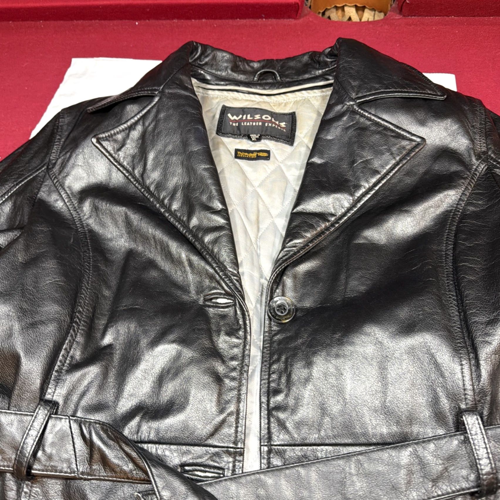 Wilson VINTAGE Wilson Leather Trench Coat Women XL Button Front Belted Pockets Thinsulate Lining 90s Classic Motorcycle, Black, Jacket Size XL / US 12-14 / IT 48-50 - 6 Thumbnail