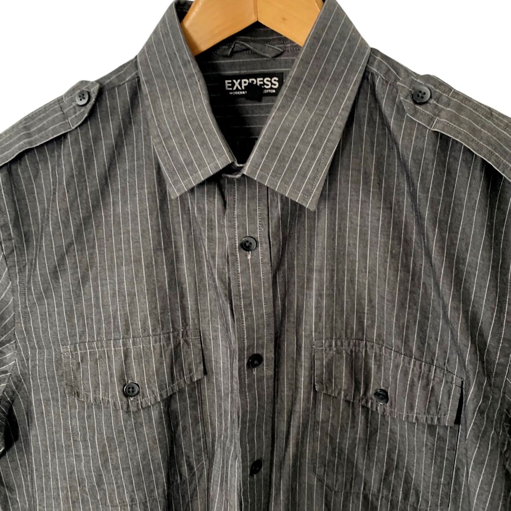 Express Express Shirt Mens Large Gray Double Pockets Utility Military Roll-Up Sleeve Shirt Size US L / EU 52-54 / 3 - 3 Thumbnail