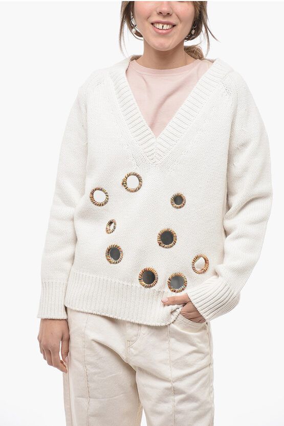 JW Anderson og1mm0624 V Neck Solid Sweater in White Size M / US 6-8 / IT 42-44 - 1 Thumbnail