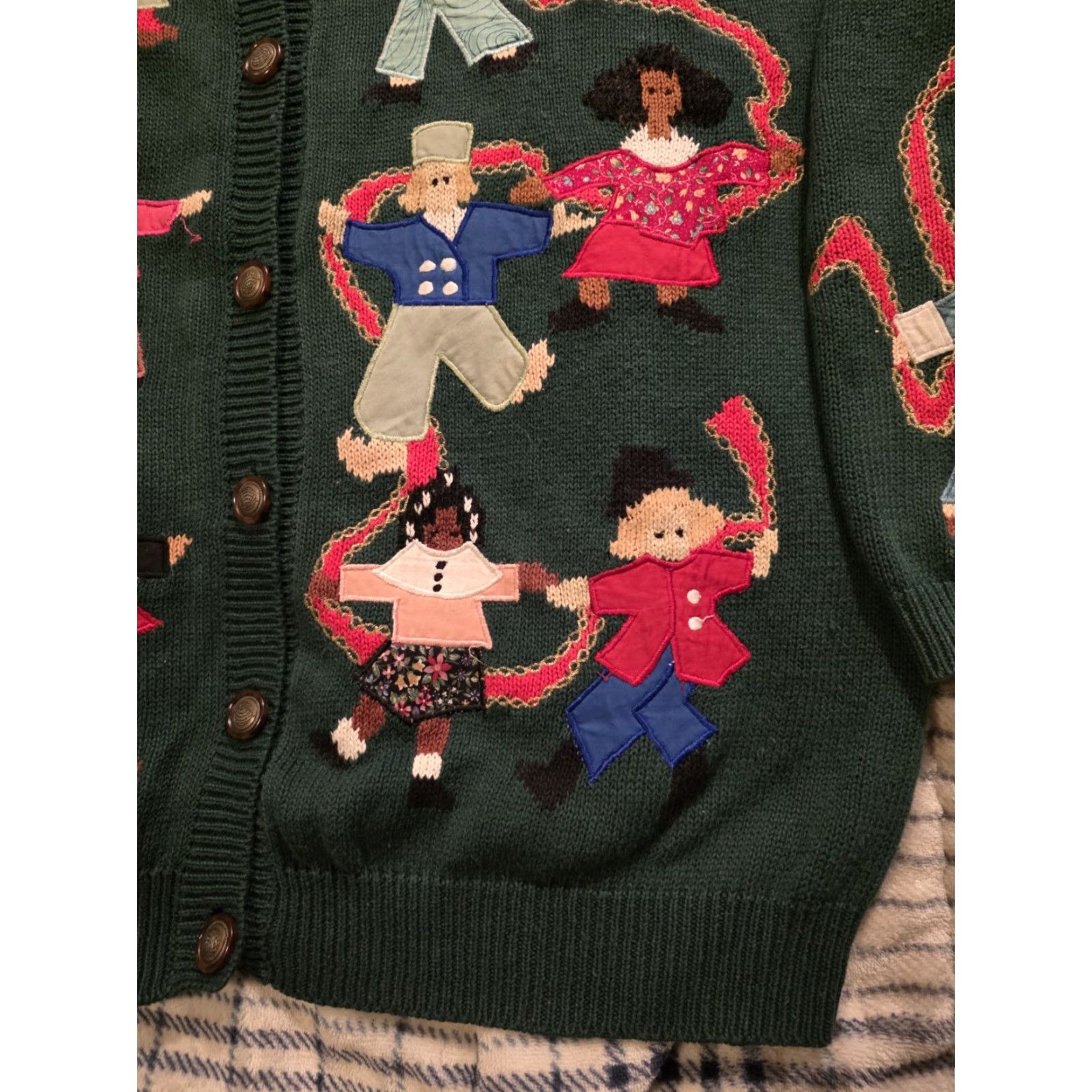 VINTAGE Susan Bristol Sweater Cardigan Women Large Green 90s Folk Art Geometric Embroidered Button Raglan Sleeve