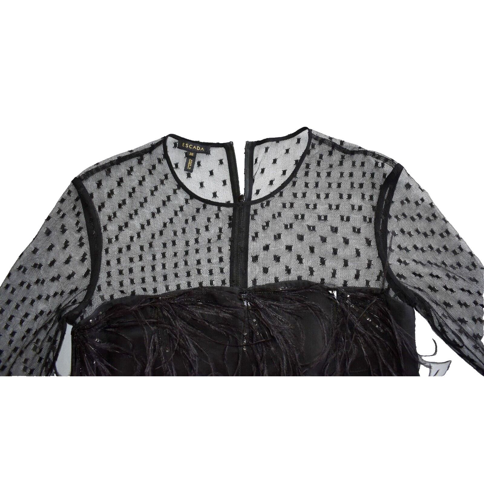 Escada ESCADA Black Mesh Top Sleeves Ostrich Feather Dress 36 $2500 Size XS / US 0-2 / IT 36-38 - 4 Thumbnail