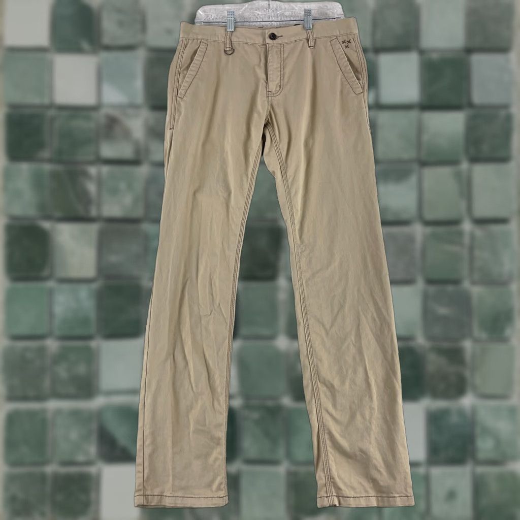 Vintage XXX Rude Beige Khaki Chino Skinny Pants Mens Casual Work Wear 30x32 Regular Flat Front Button Zip 10204 Size US 30 / EU 46 - 1 Thumbnail