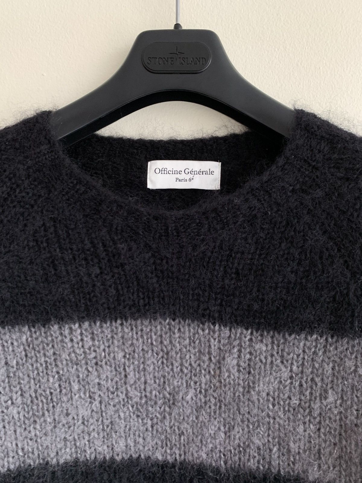 Officine Generale Black/Grey Striped Mohair Wool Grunge Kurt Knit Sweater Size US M / EU 48-50 / 2 - 7 Thumbnail