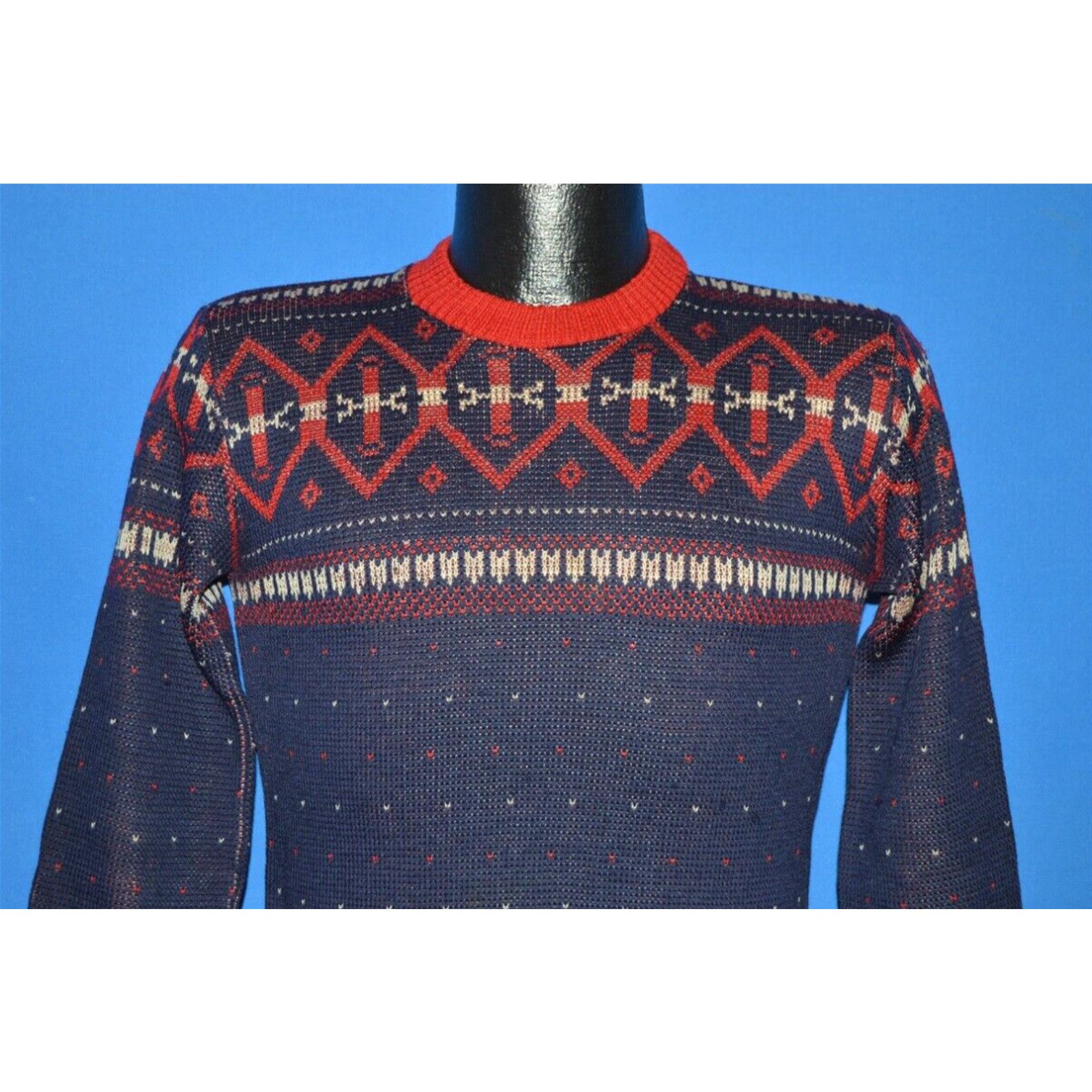 image of Vintage 40S Bond Blue White Knit Snowflake Ski High Waist Mens Sweater Small S