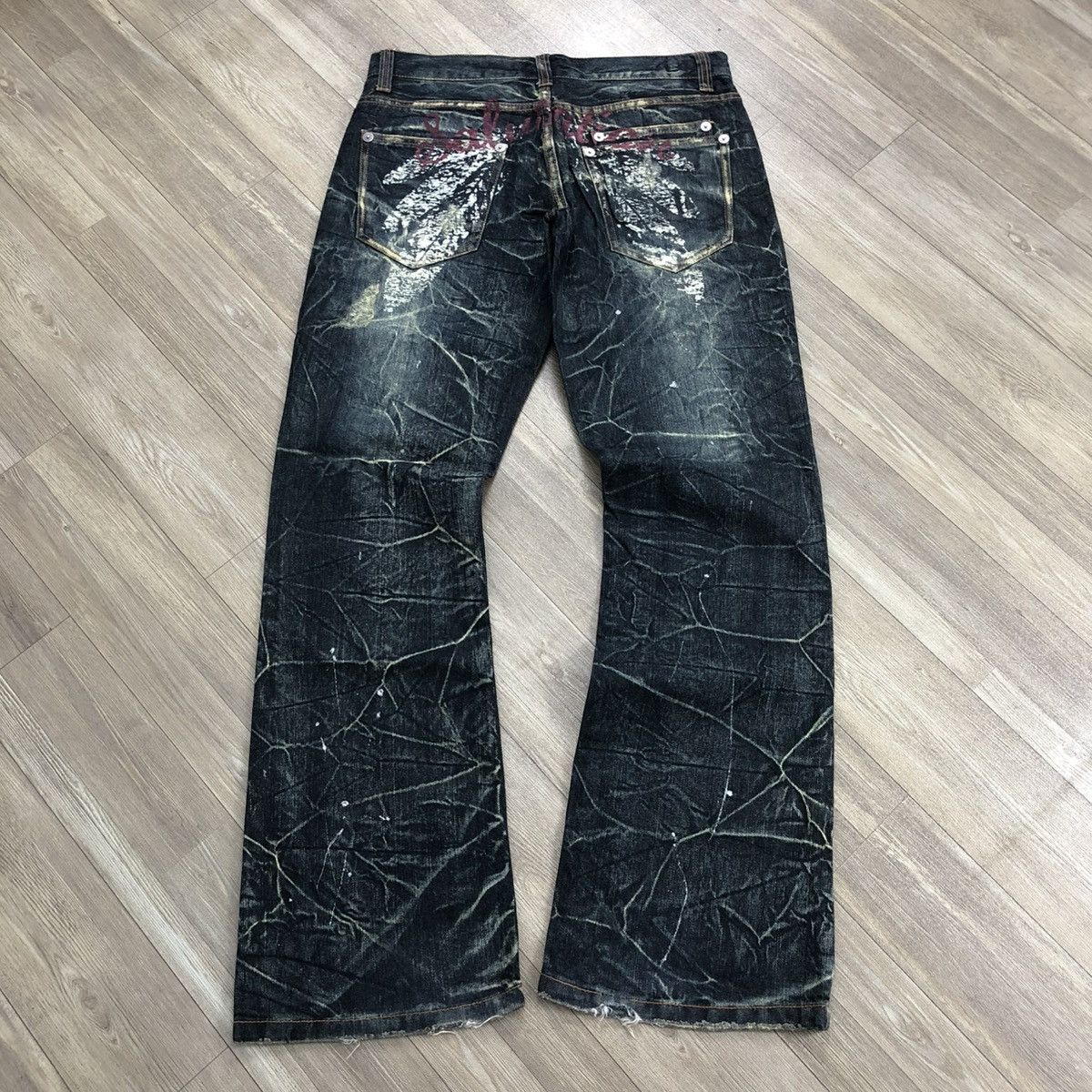 If Six Was Nine 2000s Nylaus Distressed Punk Bondage Bootcut Flared Jeans Size US 31 - 1 Thumbnail