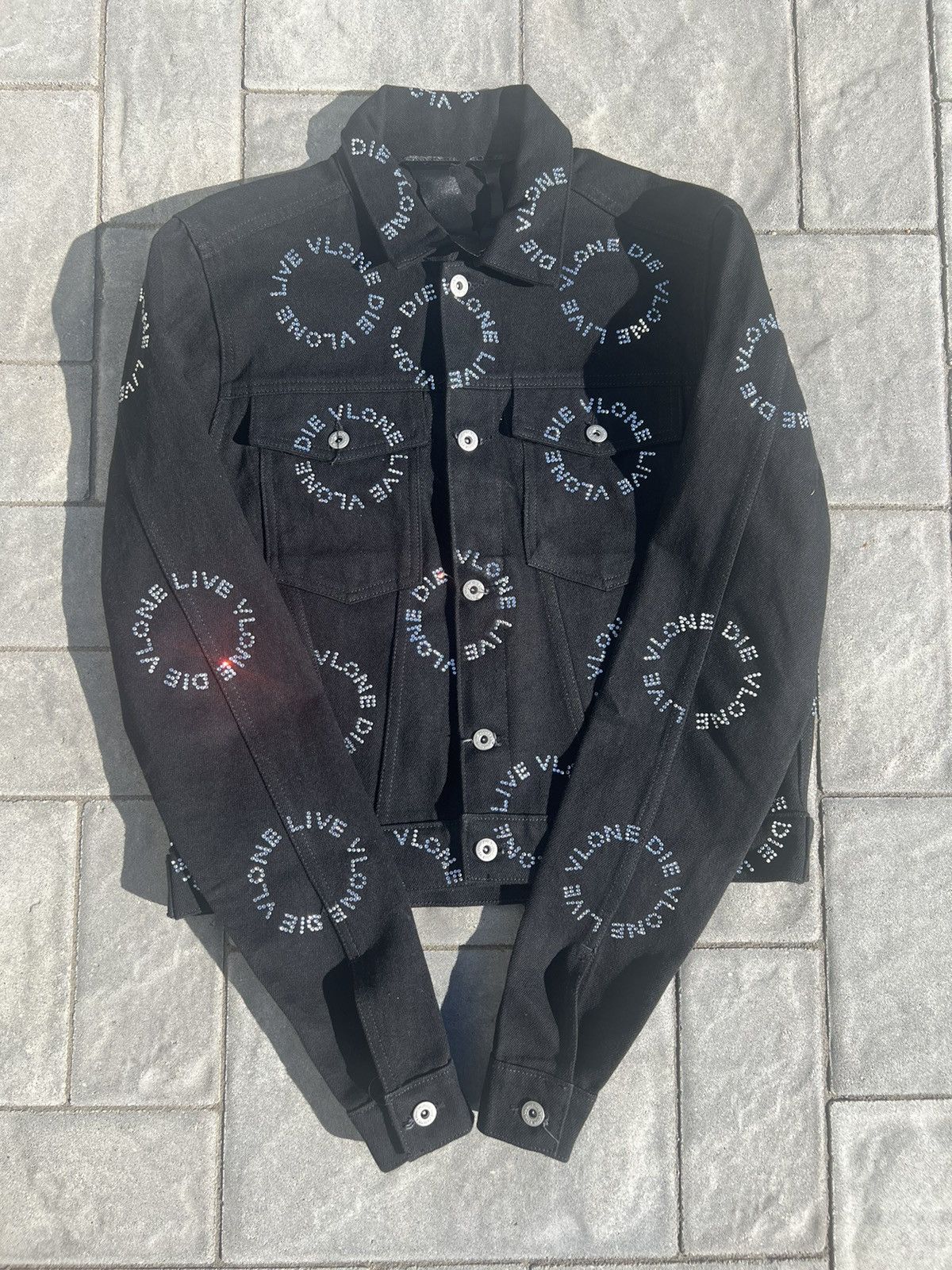 image of Vlone Rhinestone Denim Jacket in Black, Men's (Size Small)