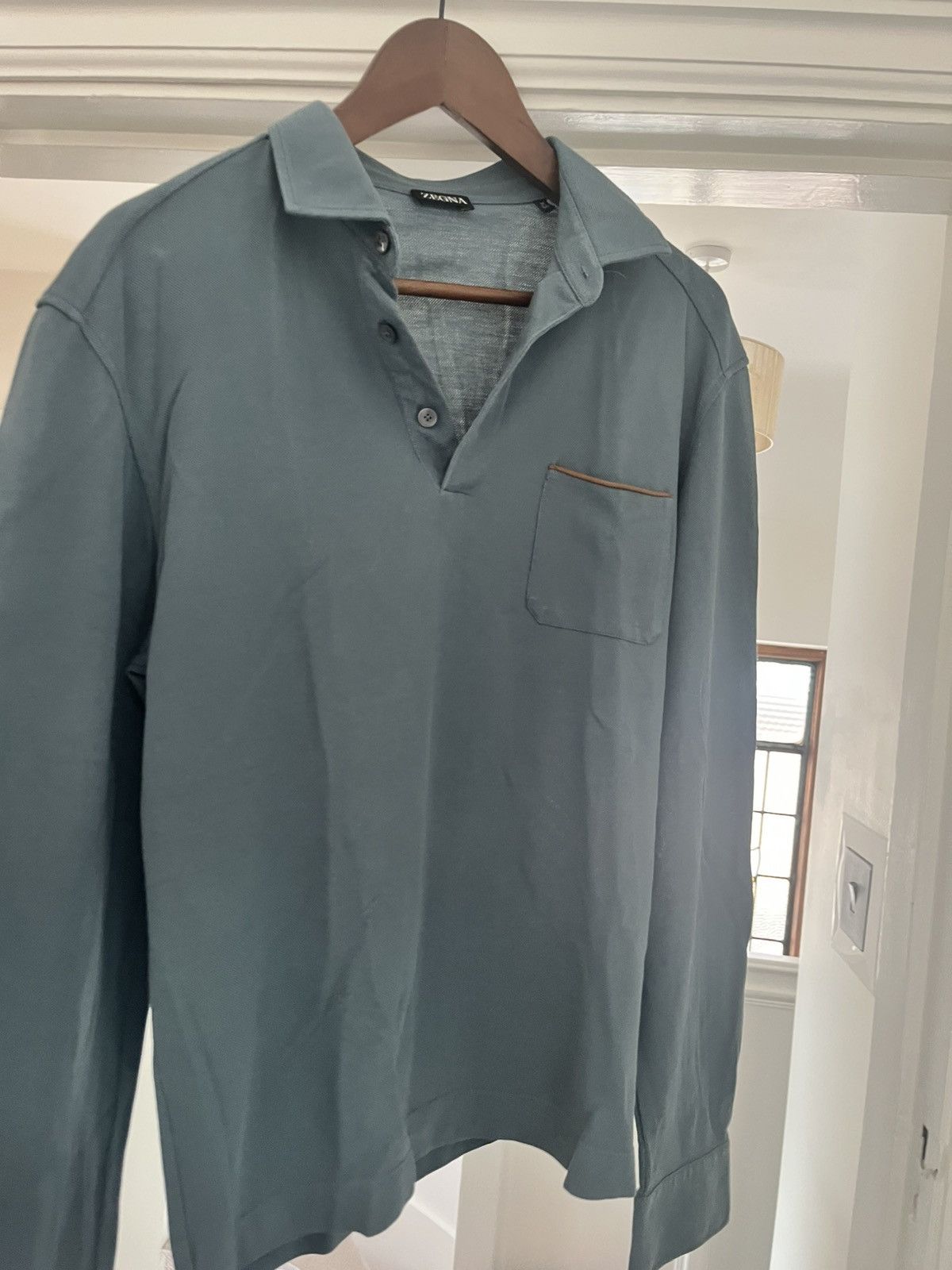 Ermenegildo Zegna Zegna teal/ grey long sleeve cotton polo size 50/medium Size US M / EU 48-50 / 2 - 1 Thumbnail