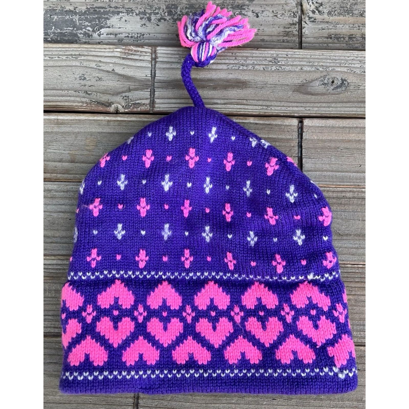 Pinko VINTAGE 80s Wool Ski Beanie Hat Purple Pink Tassel Cap Canada Fair Isle Cappello Size ONE SIZE - 3 Thumbnail