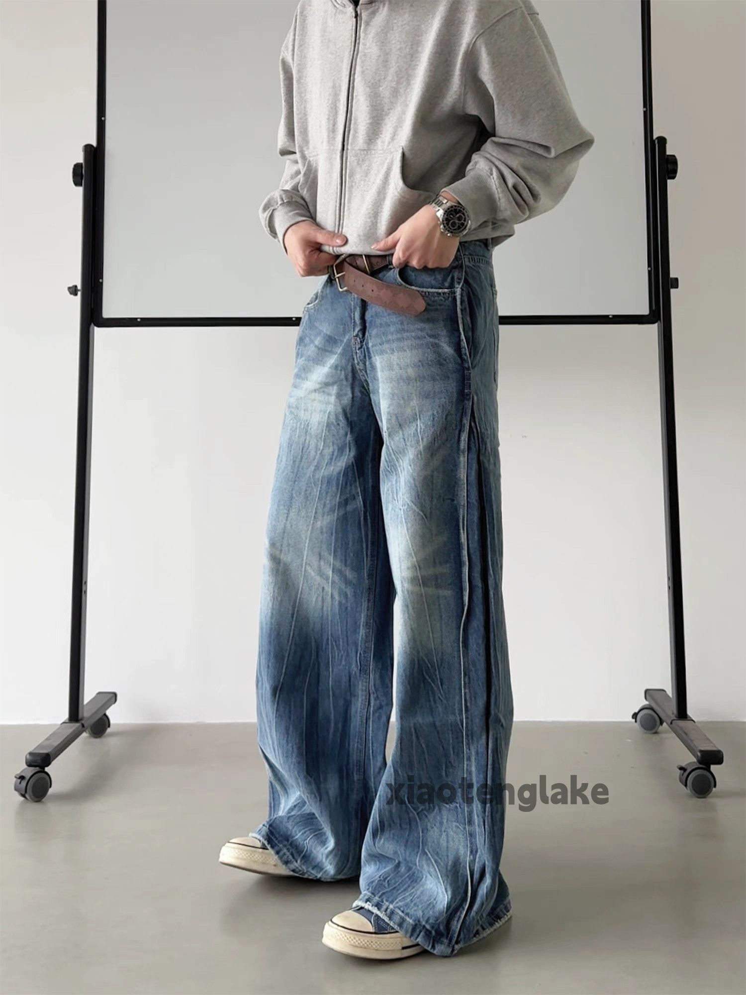 unisex loose baggy patchwork pleated bootcut jeans