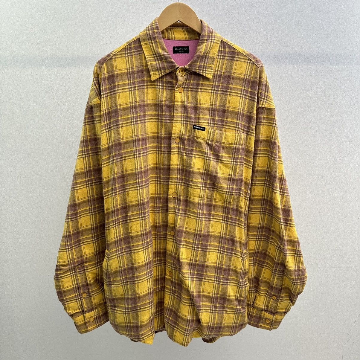 image of Balenciaga Oversized Flannel Buttom Up in Yellow, Men's (Size XL)