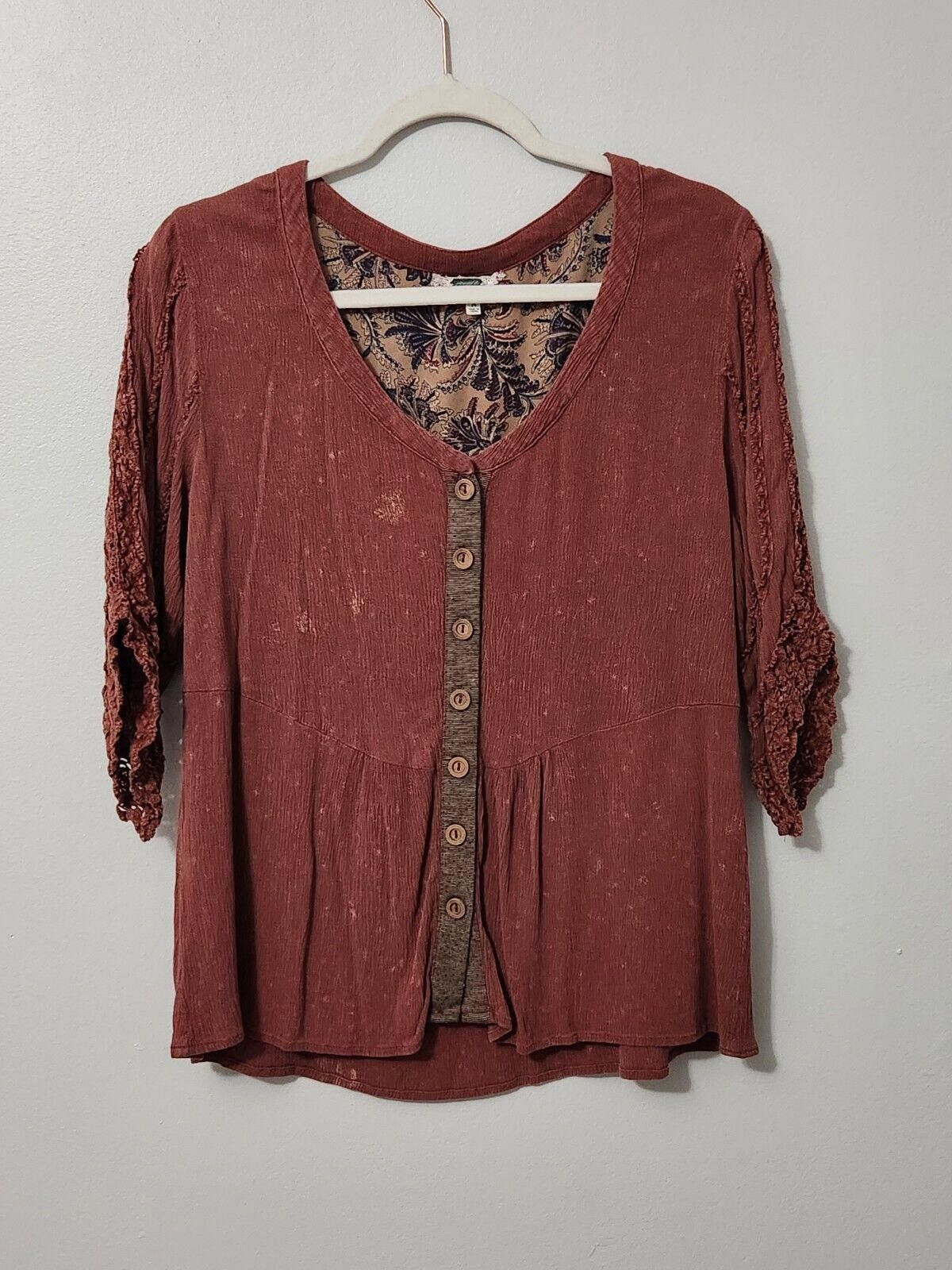 Designer Gimmicks Top Medium Orange 3/4 Sleeve Crochet V Neck Size M / US 6-8 / IT 42-44 - 2 Thumbnail