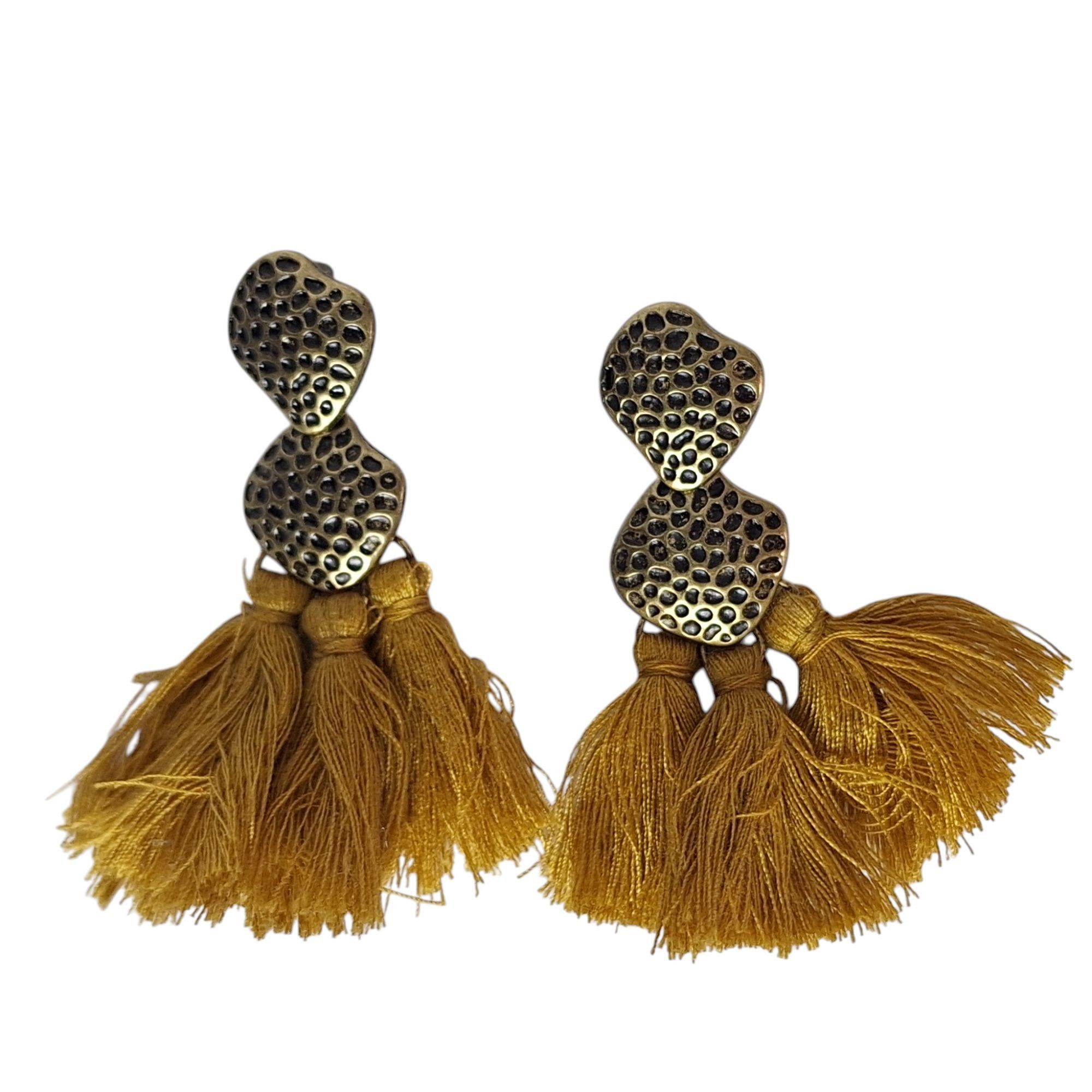 Other Mustard Yellow Tassel Earrings Boho Hammered Bronze Textured Size ONE SIZE - 1 Thumbnail
