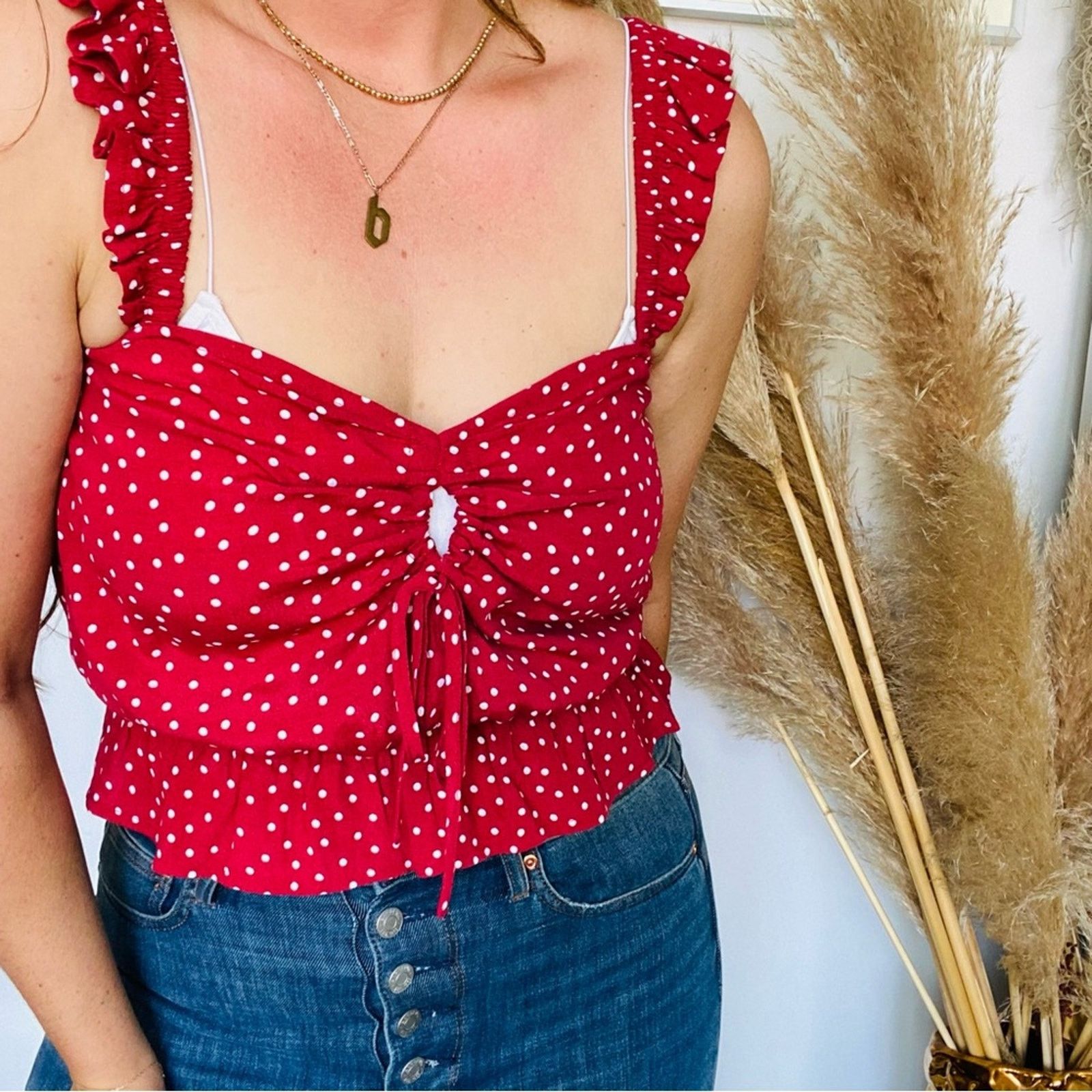Express NEW EXPRESS Red White Polka Dot Ruffle Tank Top Crop Shirt Size XS / US 0-2 / IT 36-38 - 10 Thumbnail