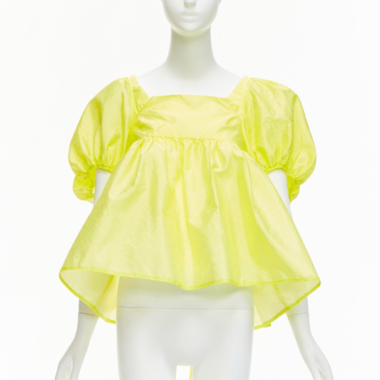 image of Cecilie Bahnsen 2021 Babett Yellow Textured Puff Sleeve Babydoll Top Uk6 Xs, Women's