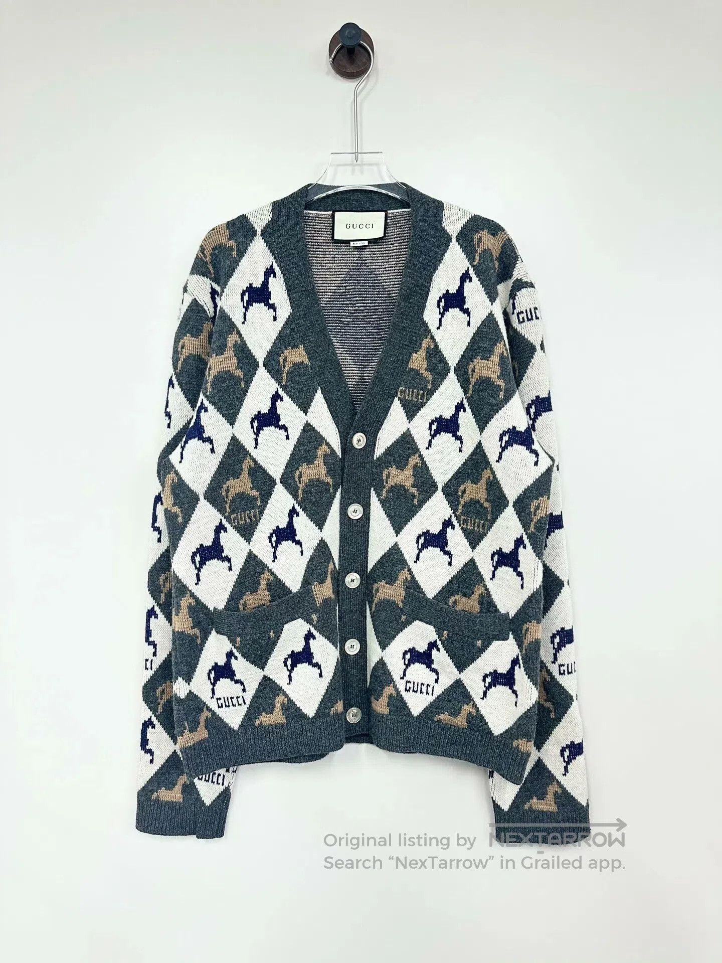 Gucci Guicci Gray and Black Diamond Full-Print Pony Logo Open Ca Size US S / EU 44-46 / 1 - 1 Thumbnail