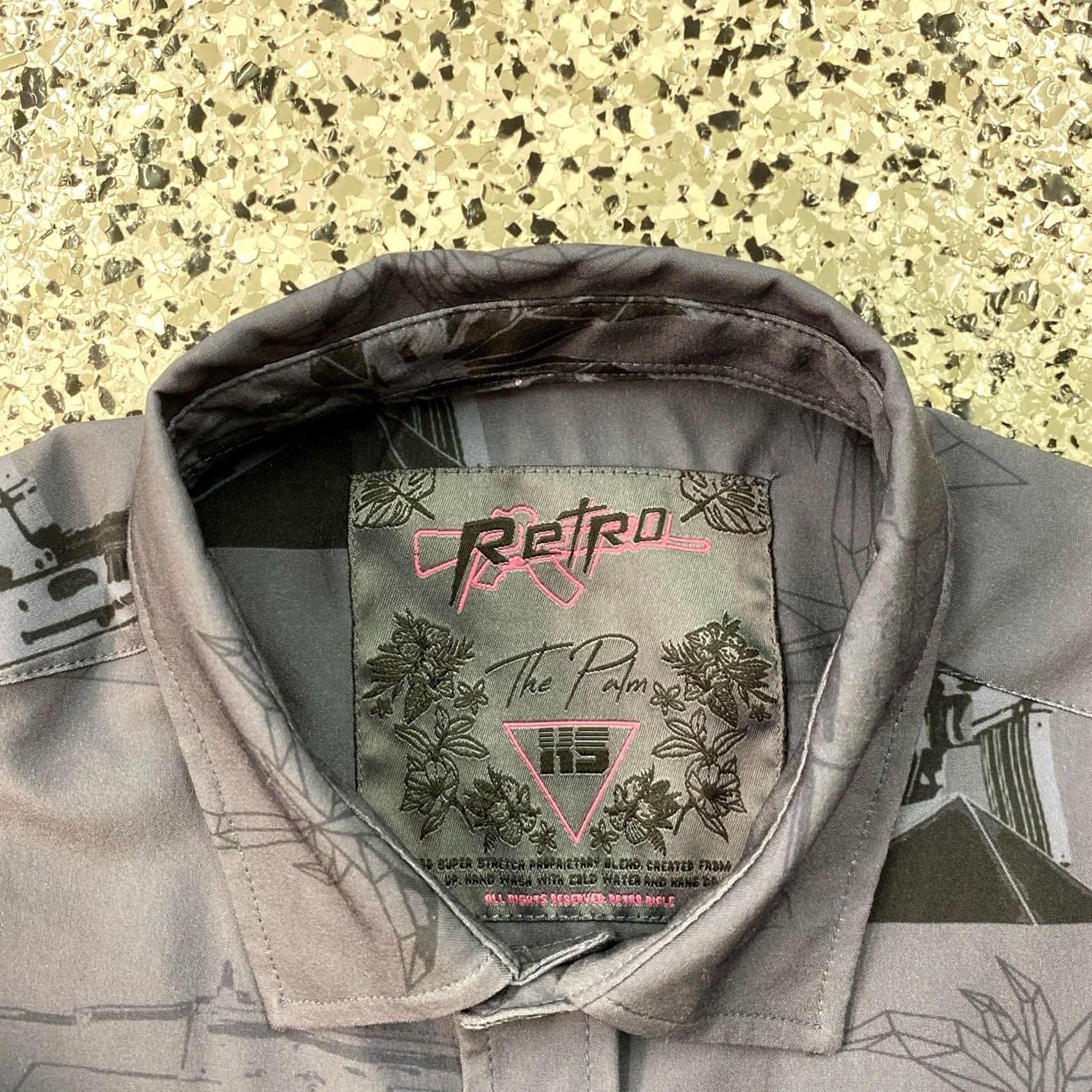 Vintage Retro Rifle Palm AOP Hawaiian Camp Button Up Stretch Shirt Mens XS Grey Floral Short Sleeve Button-Up Casual Travel | Mens | XS | Gray | 90s? Size US XS / EU 42 / 0 - 2 Thumbnail