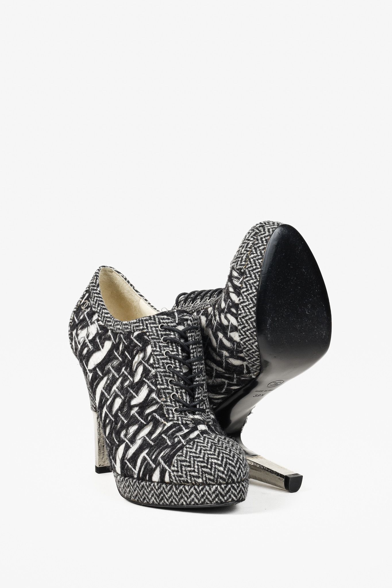 Chanel Chanel G27462 Wool Tweed Lace Up Silver Heel Booties Size US 9 / IT 39 - 4 Thumbnail