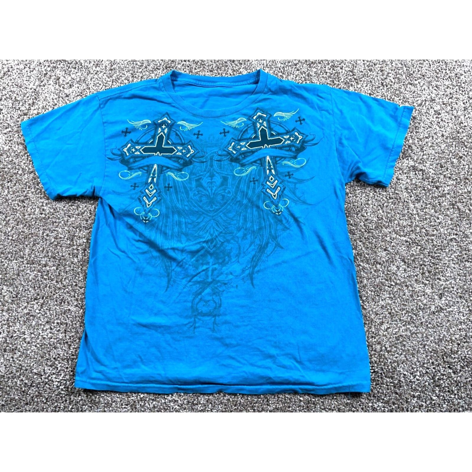 Vintage VINTAGE Y2K Retro Tribal Wings Cross Print T-Shirt Adult Medium Blue Cotton Graphic Tee 2000s Mens Size US M / EU 48-50 / 2 - 2 Thumbnail