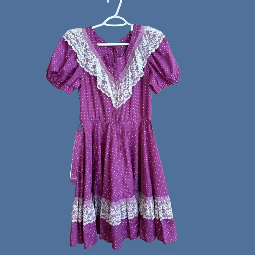 DANCER VINTAGE Partners Square Dance Dress Women 10 Purple Polka Dot Belt 36in Rockabilly 1970s Size L / US 10 / IT 46 - 1 Thumbnail