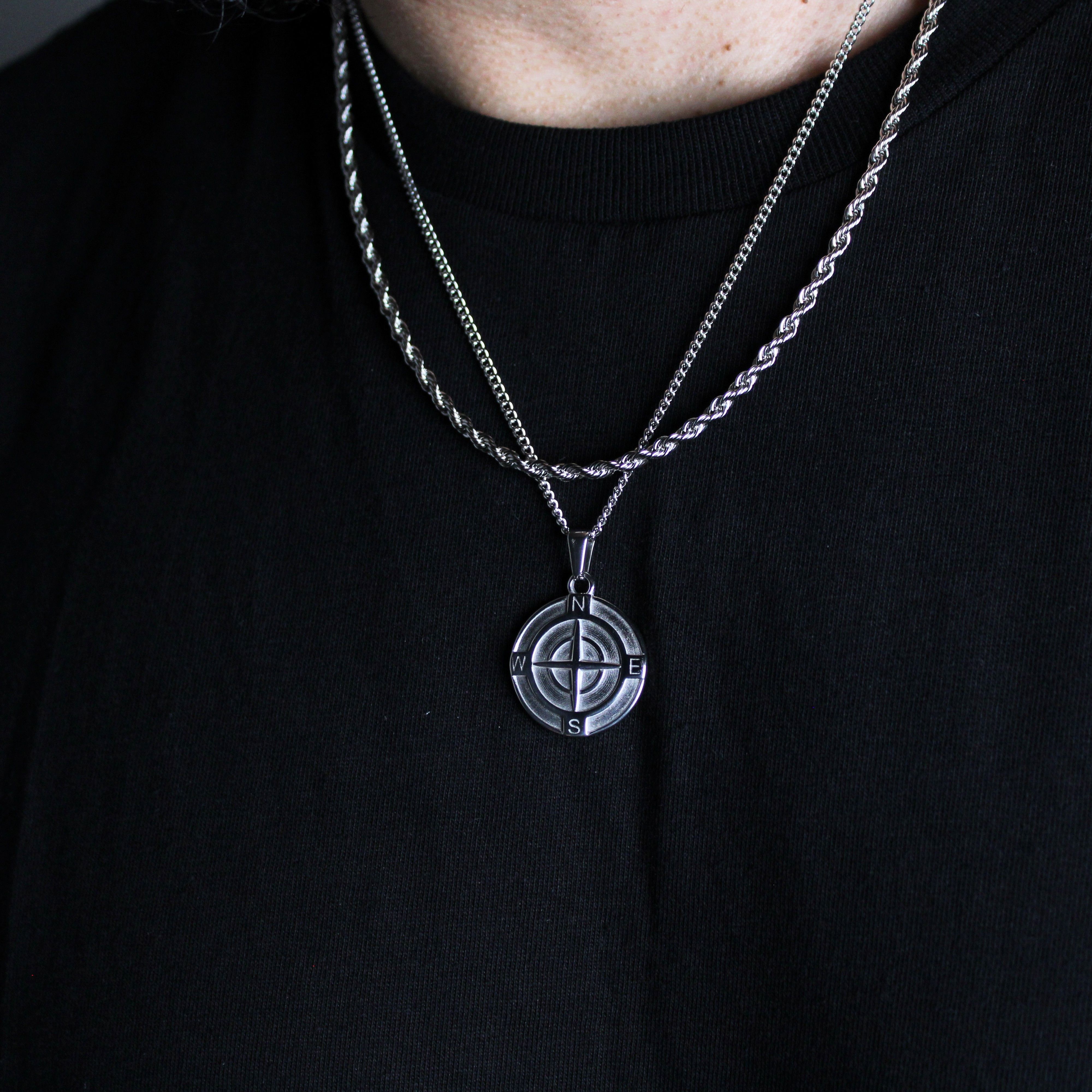 Jewelry Silver Compass Pendant Necklace & 3mm Rope Chain Set Size ONE SIZE - 3 Thumbnail