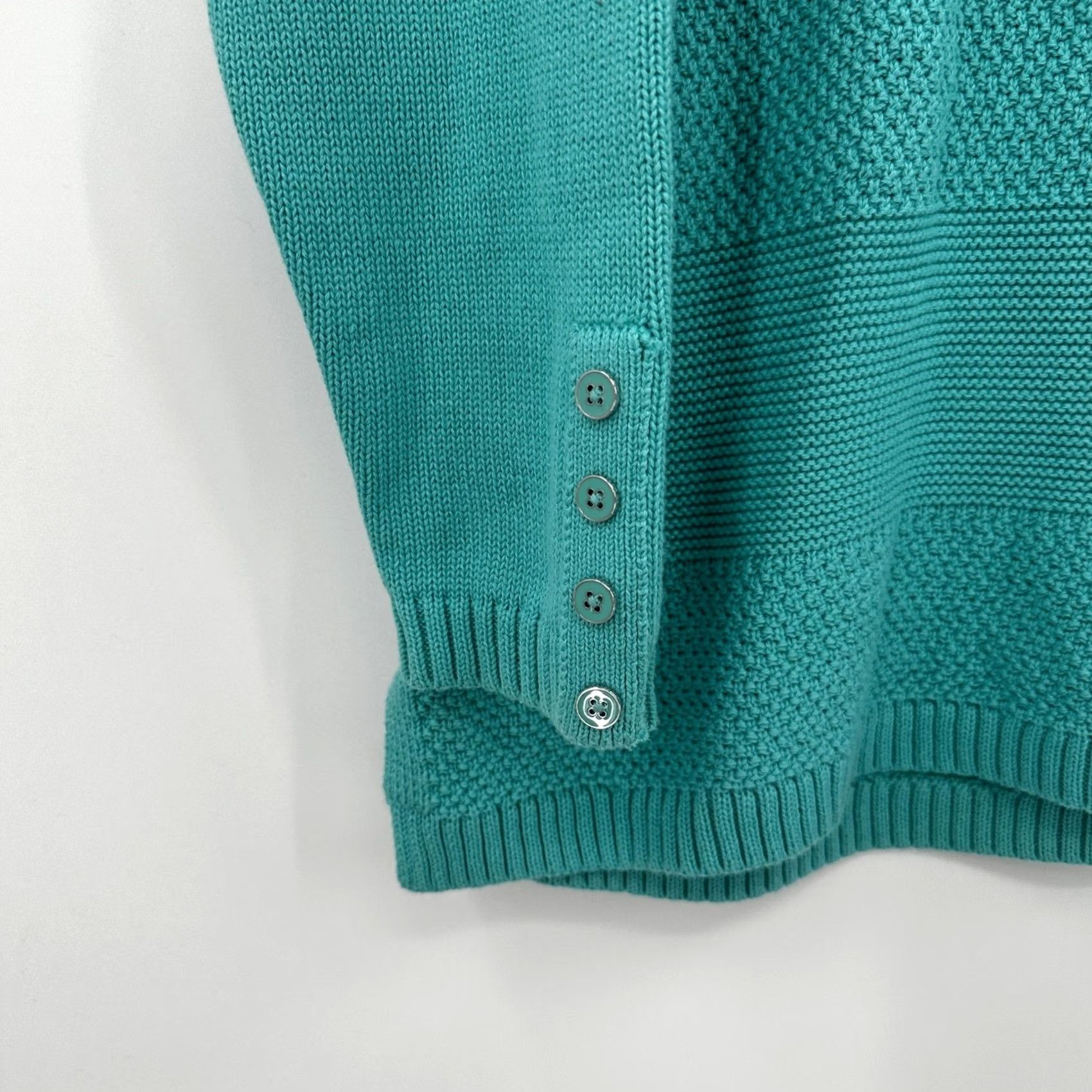 Talbots Talbots Womens Sweater Teal Blue Textured Knit Crew Neck Button Sleeve 100% Cotton Size XL / US 12-14 / IT 48-50 - 3 Thumbnail