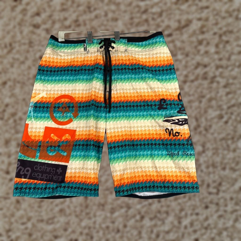 LRG Swim Trunks Mens 32 Green Houndstooth Board Shorts 11