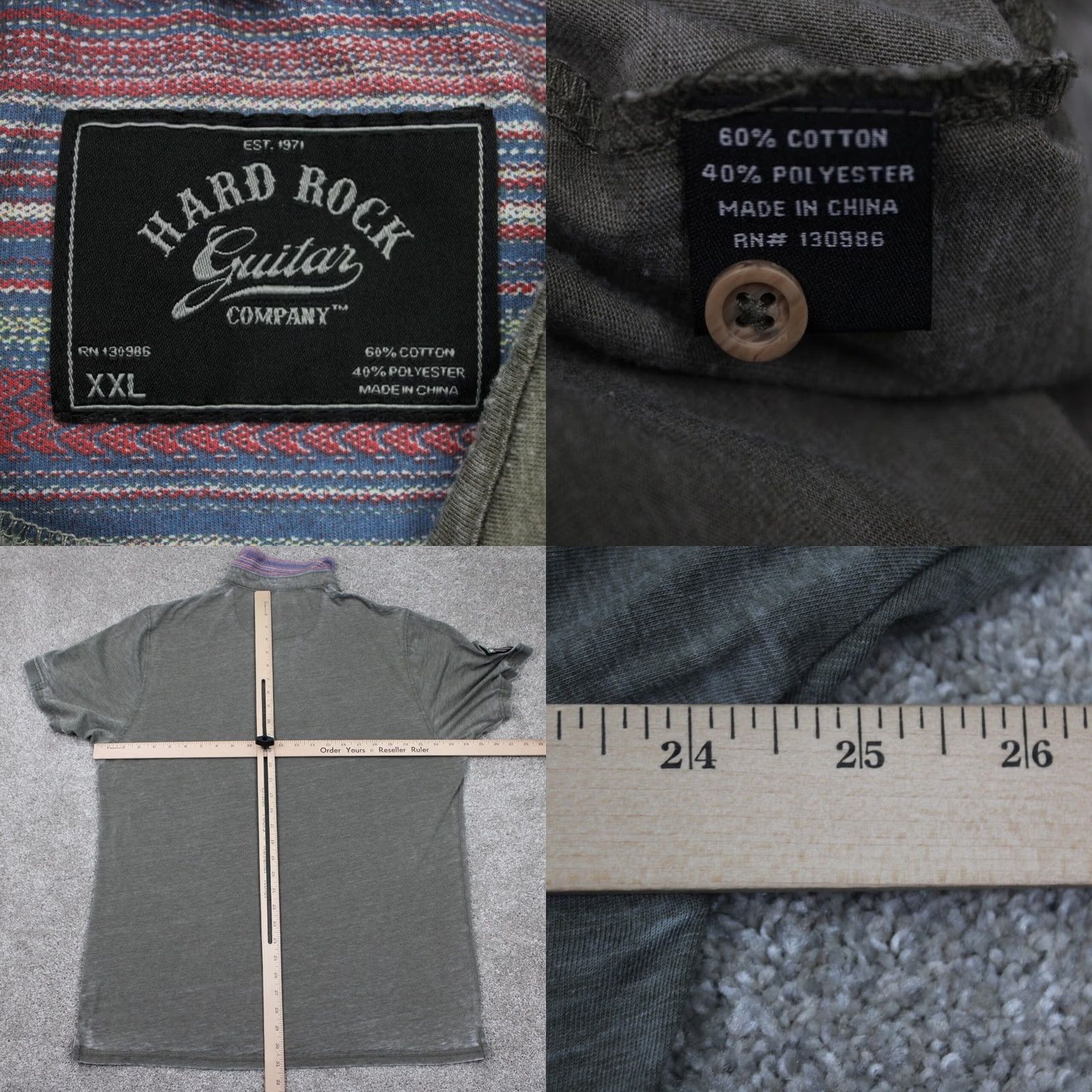 Vintage Hard Rock Guitar Polo Shirt Men 2XL Green Super Thin Cotton/Poly S/S Patched - Adult Mens Size US XXL / EU 58 / 5 - 8 Thumbnail