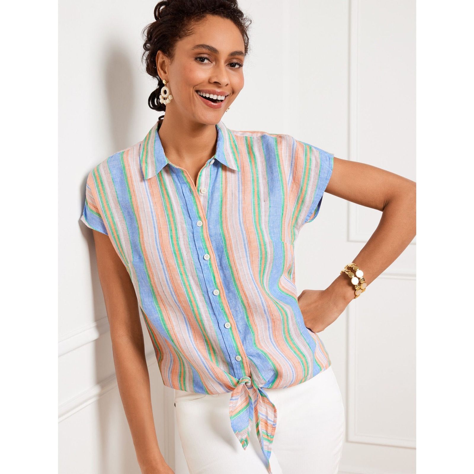 Talbots Talbots Swing Stripe Linen Tie Front Button Down Top Size XL Size XL / US 12-14 / IT 48-50 - 1 Thumbnail