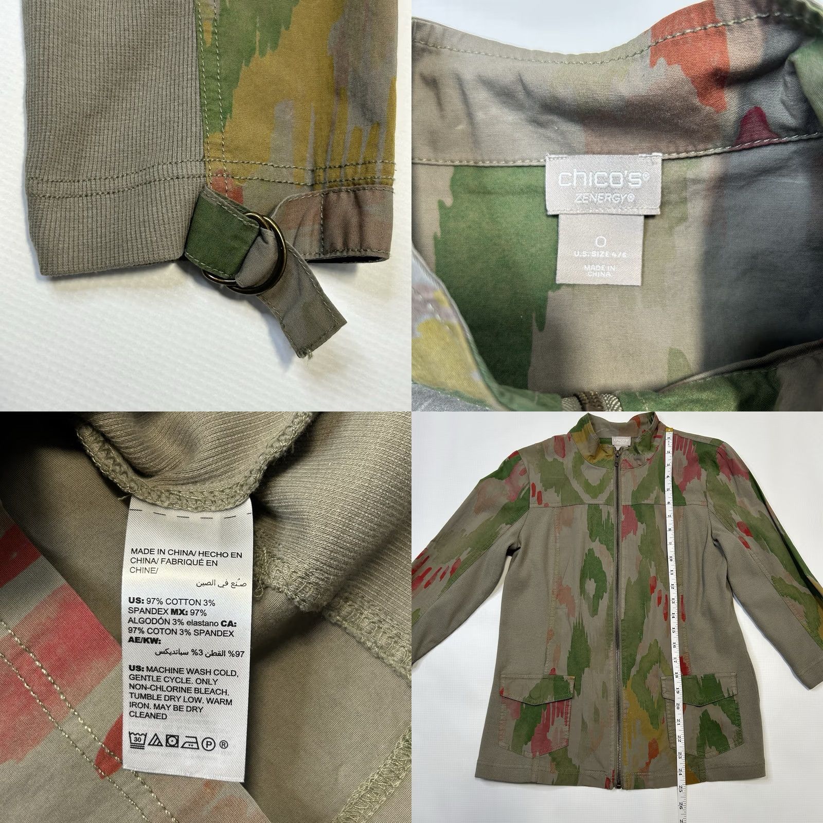 Vintage Chicos Jacket Womens S Small Green Ikat Utility Zip Up 3/4 Sleeve Zipper Front Pockets Bohemian All Seasons Size S / US 4 / IT 40 - 8 Thumbnail