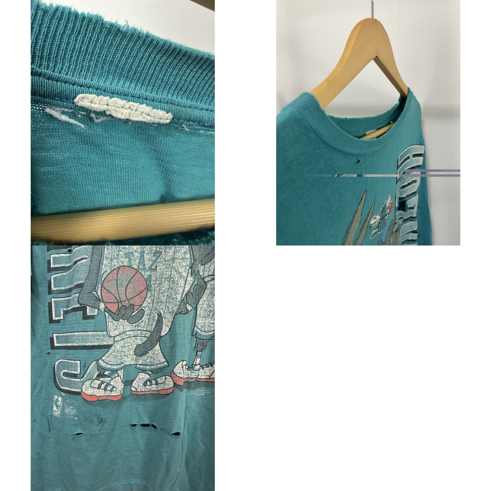 NBA VTG 90s Charlotte Hornets Taz Wile Looney Tunes NBA Distressed Worn Thrashed T-Shirt 2XL Teal Mens Size US XXL / EU 58 / 5 - 8 Thumbnail