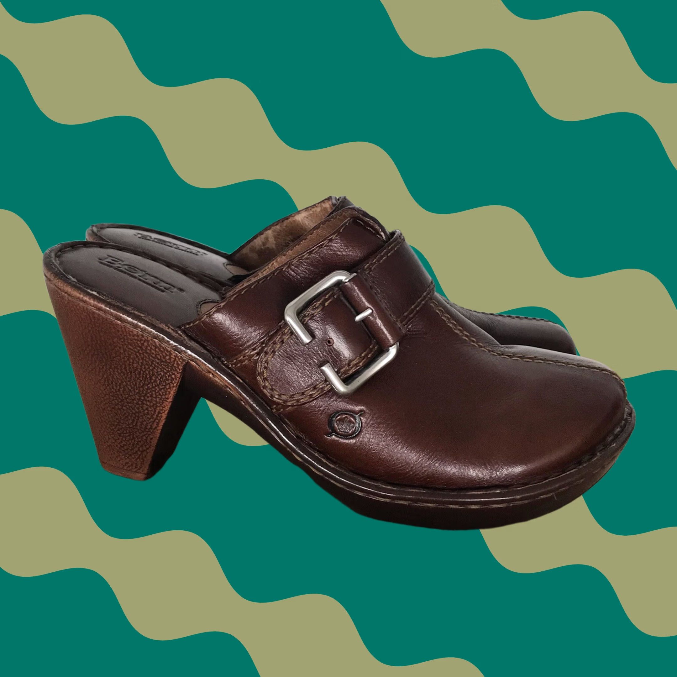 Born Born Women's Chocolate Brown Leather Buckle Slip-On Comfort Heel Mules Clogs 10 Casual Platform Open Back Women Shoes Size US 10 / IT 40 - 1 Thumbnail