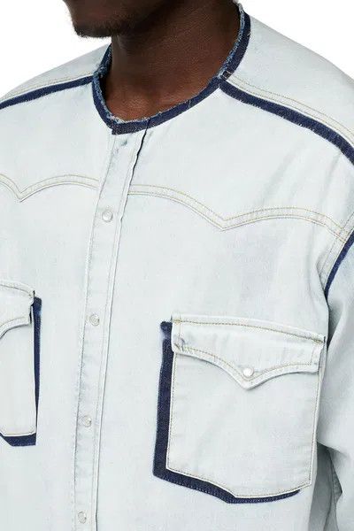 Maison Margiela oc11z0925 Collarless Denim Shirt in White/Blue Size US M / EU 48-50 / 2 - 3 Thumbnail