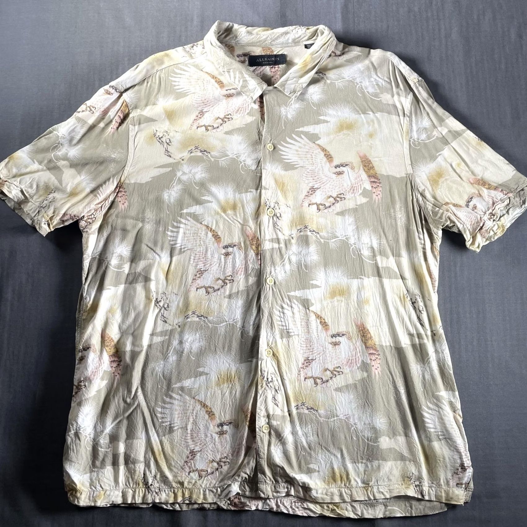 Allsaints AllSaints Akashi SS Shirt Mens XXL Beige Crane Print Short Sleeve Button Up Size US XXL / EU 58 / 5 - 3 Thumbnail