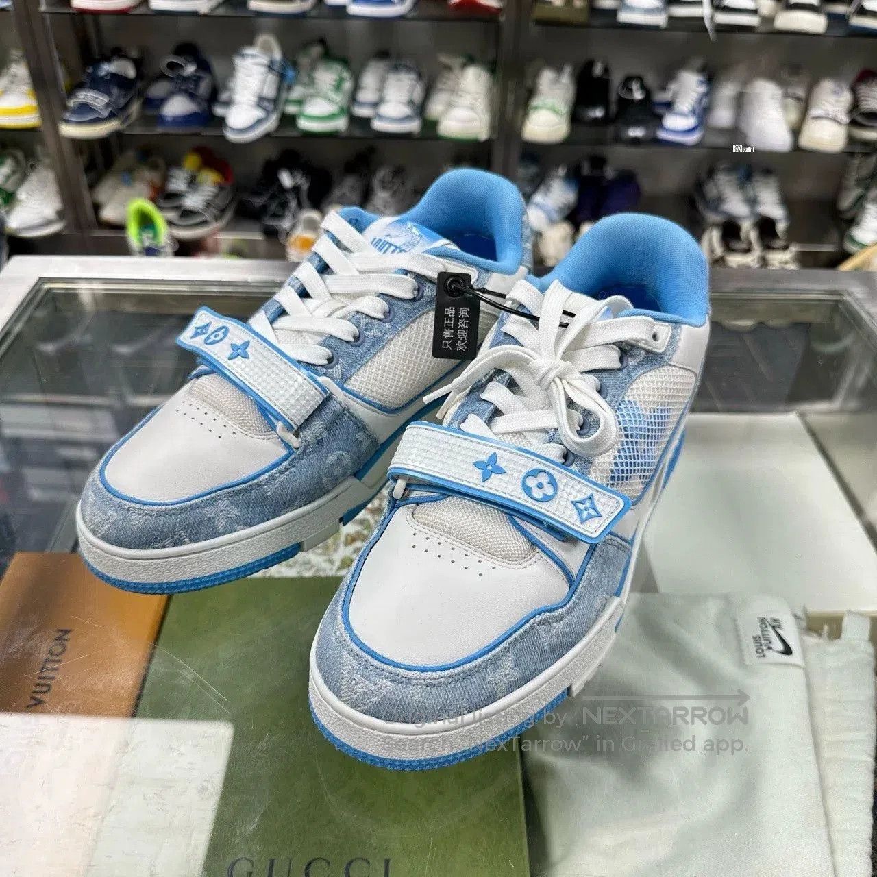 Louis Vuitton LV Trainer White Blue Denim Velcro. Size US 9 / EU 42 - 1 Thumbnail