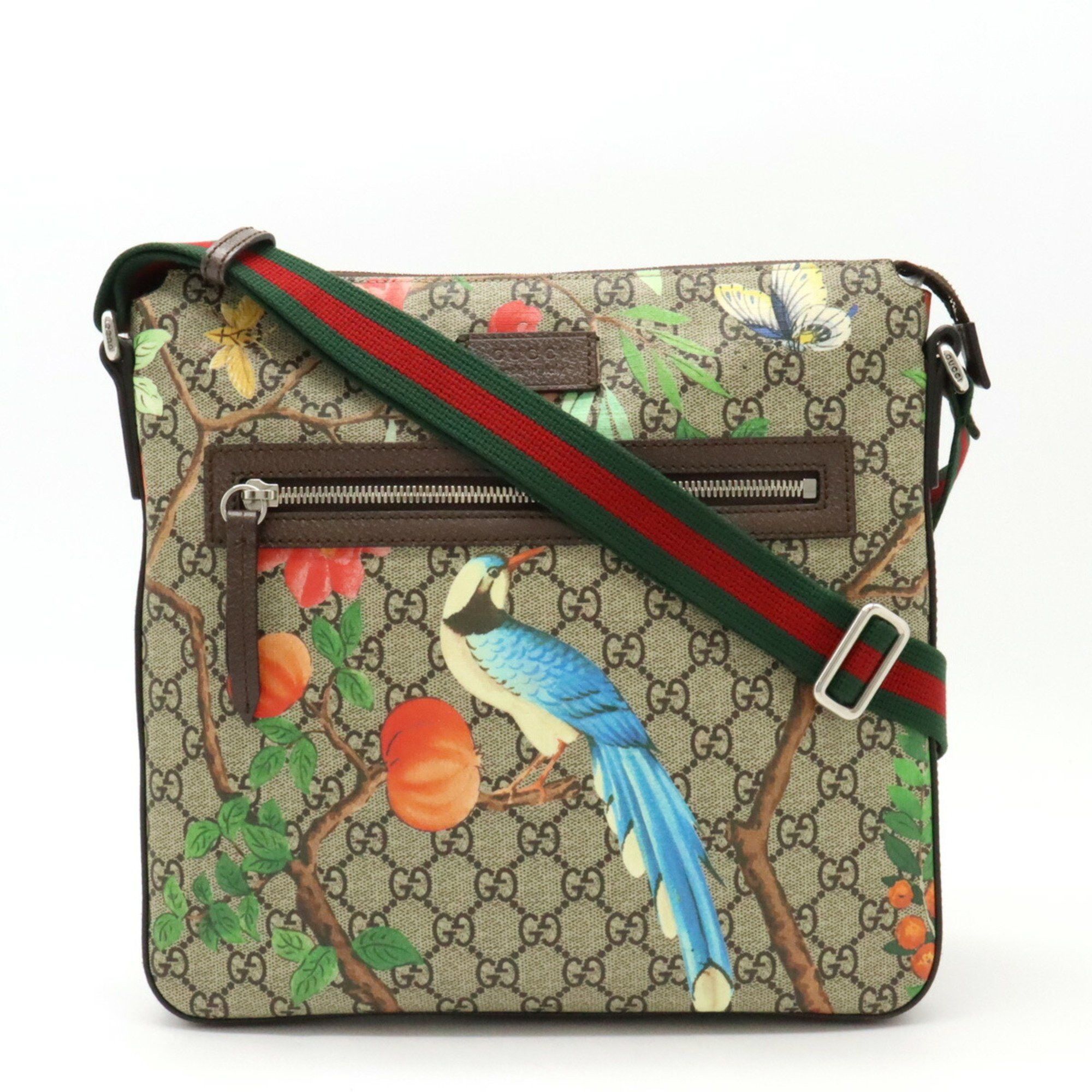 image of Gucci Tian GG Supreme Sherry Line Shoulder Bag Bird Flower Pvc Khaki Beige Multicolor 406408, Women