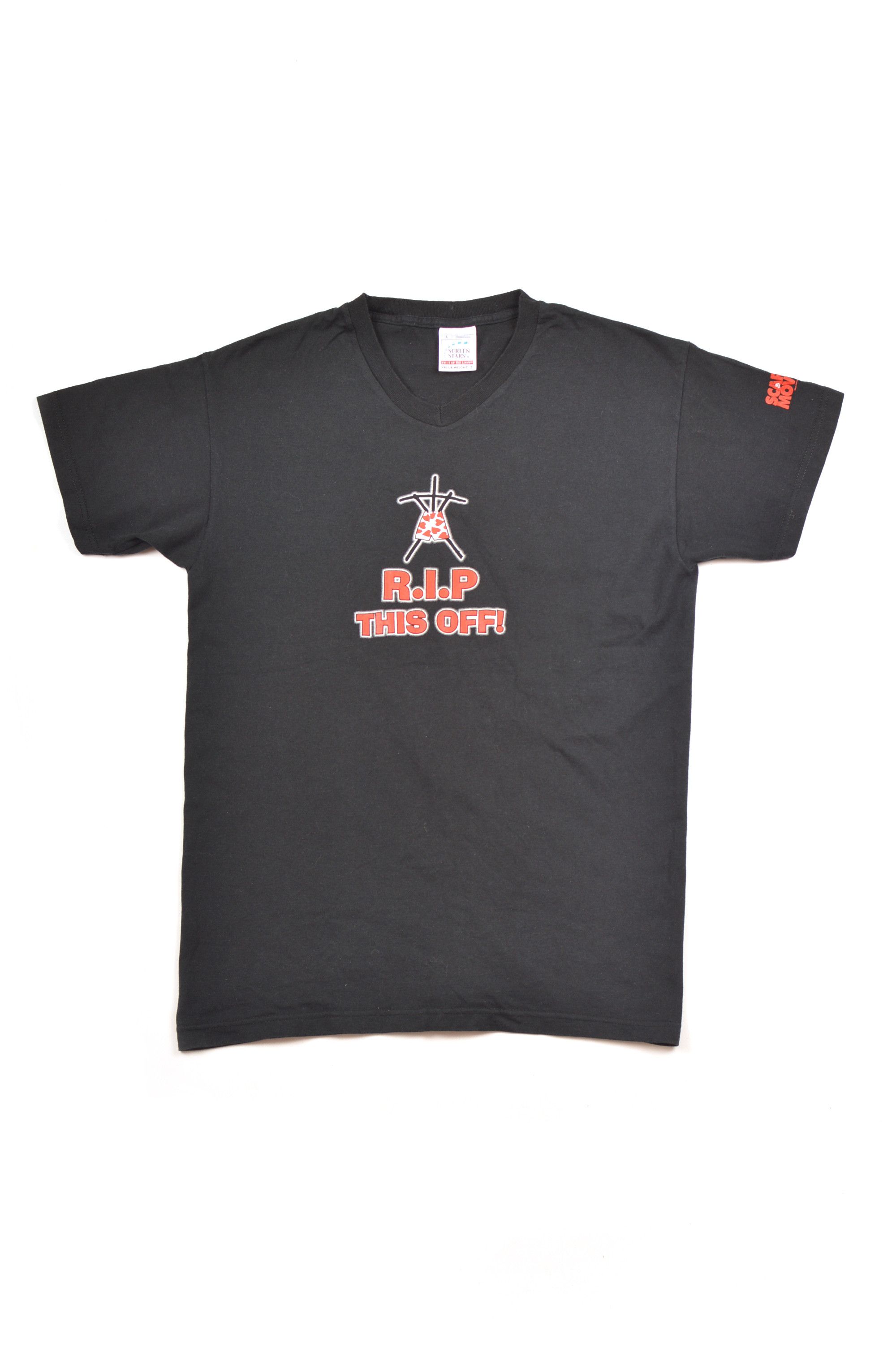 image of Screen Stars Scary Movie R.i.p This Off Vintage Y2K T-Shirt in Black, Men's (Size Large)